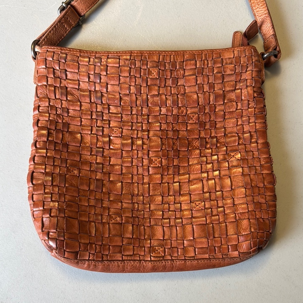 Tan Woven Leather Crossbody Bag